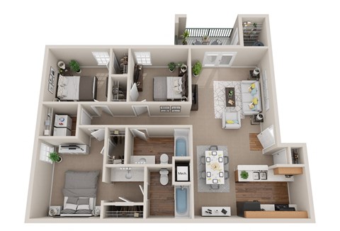Floor plan for 3 beds, 2 baths, 1341 sqft
